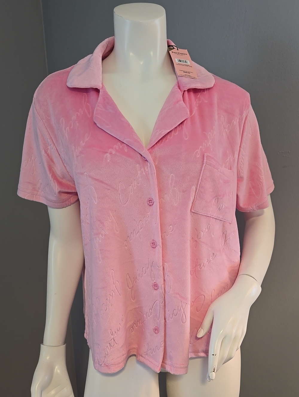 Juicy Couture NWT Pink Velour Button-Front Short Sleeve Shirt Size XL